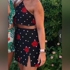 Motel Rocks Black Mini Skirt and Crop Top with White Polka Dots